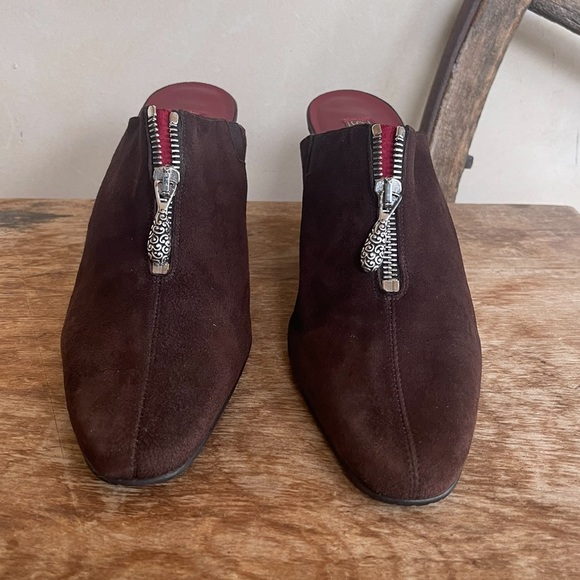 BRIGHTON “ROCKER” Brown Suede Wedge Heel Mules Decorative Zipper Toggle 9M NEW! - Picture 4 of 12